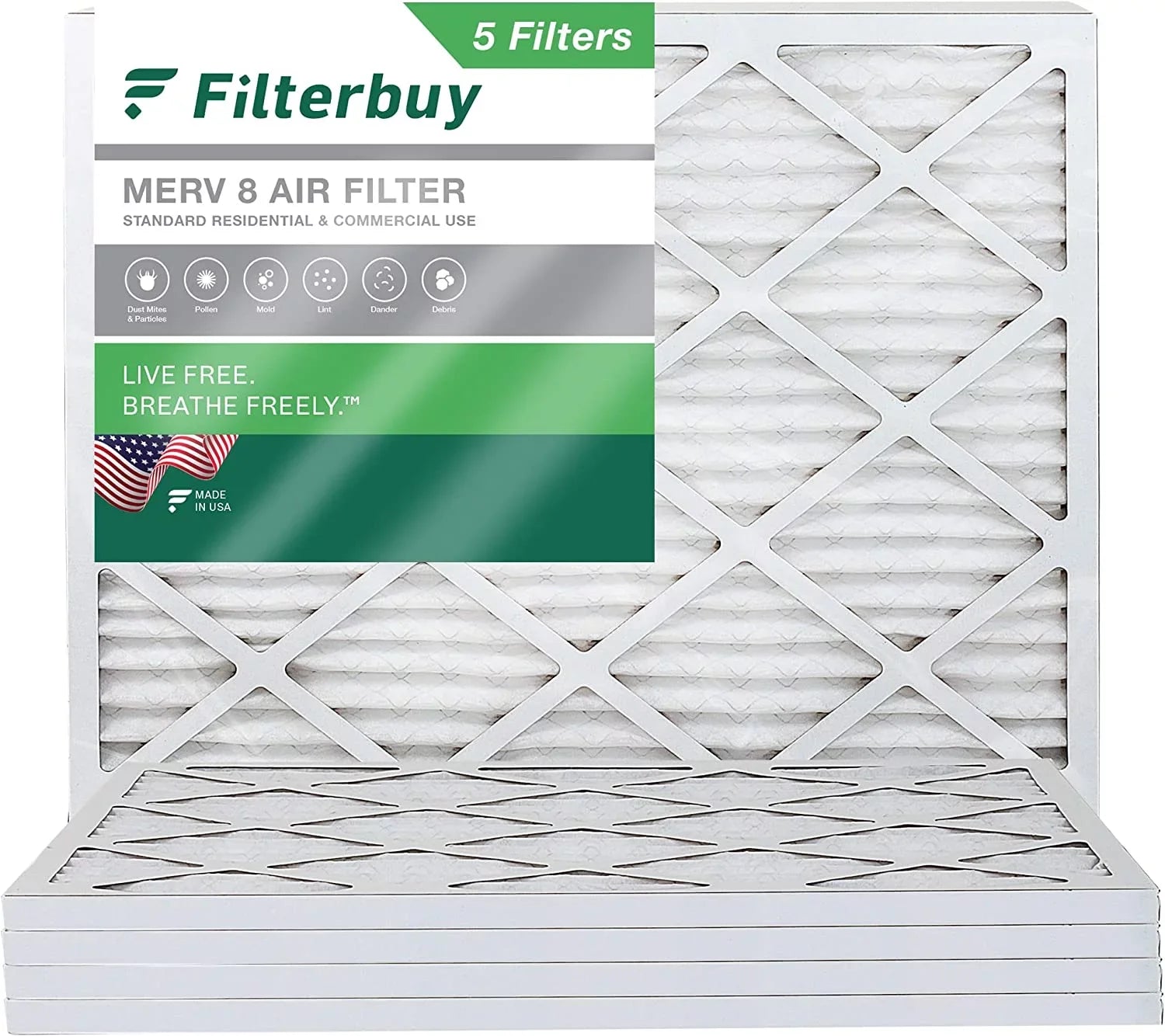 Filterbuy 19x20x1 MERV 8 Pleated HVAC AC Furnace Air Filters (5-Pack)