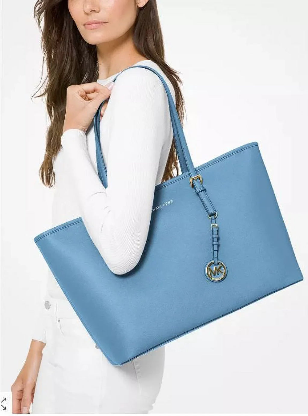 Michael Kors Jet Set Travel Medium Saffiano Leather Top-Zip Tote Bag (STH PACIFI