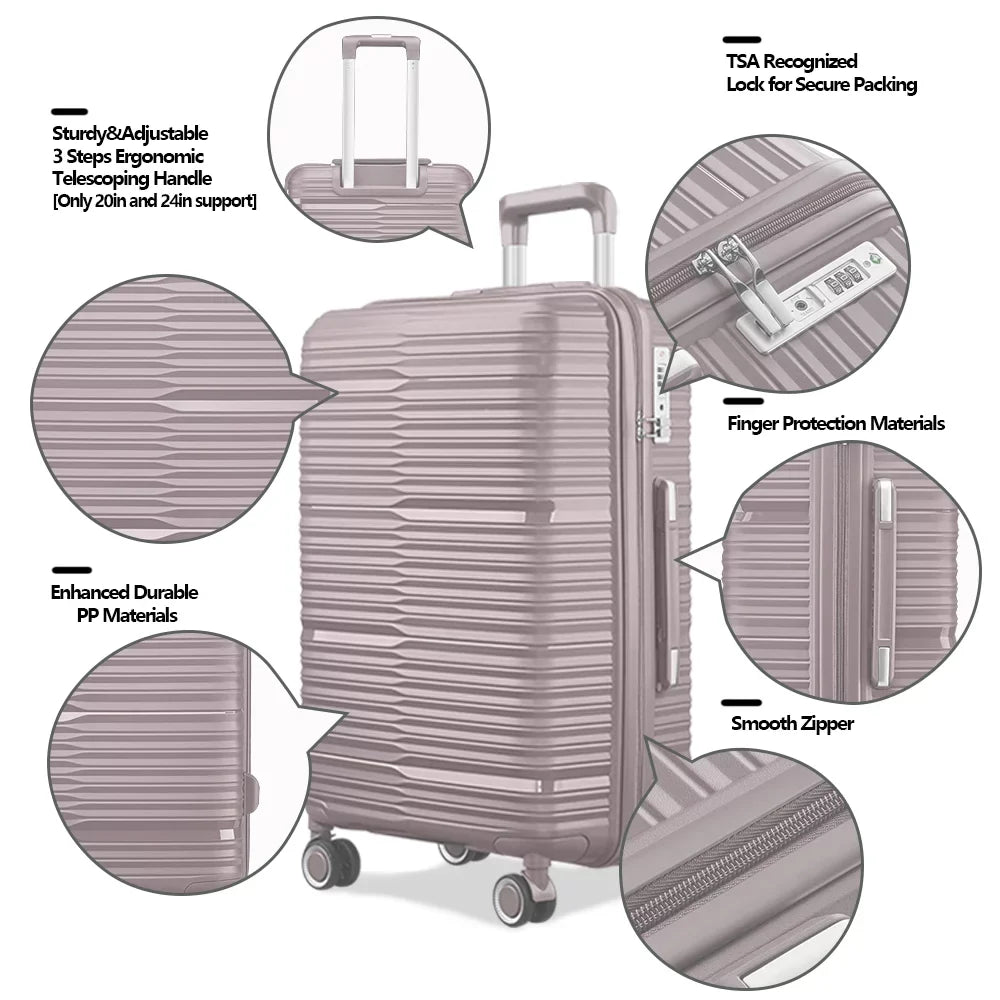 3 Piece Luggage Sets, PP Hardside Suitcase Set, TSA Lock, Gold