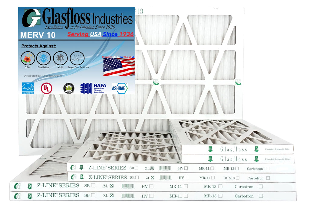 Glasfloss Air Filter 24x25x2 - 2" MERV 10 - (Pack of 6) - Pleated AC or HVAC Air Filter - Furnace Air Filter - Home or Office - Made In The USA.
