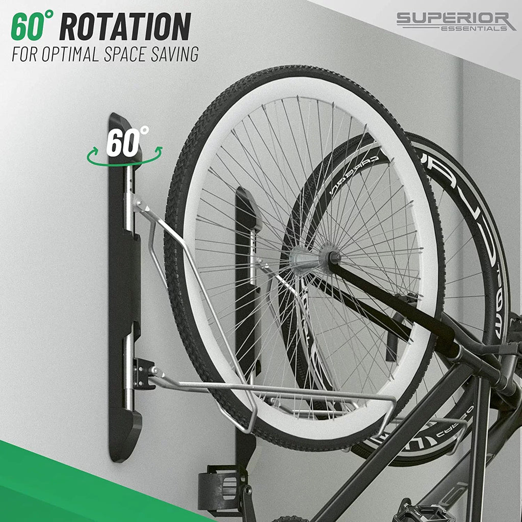 Superior Essentials Vertical Bike Rack - Easy to Hang and Detach, 180-Degree Swivel Swing, Foldable Bike Wall Mount - Maximize Your Garage Space with Our Top-Notch Bike Hangers for Garage Jet
