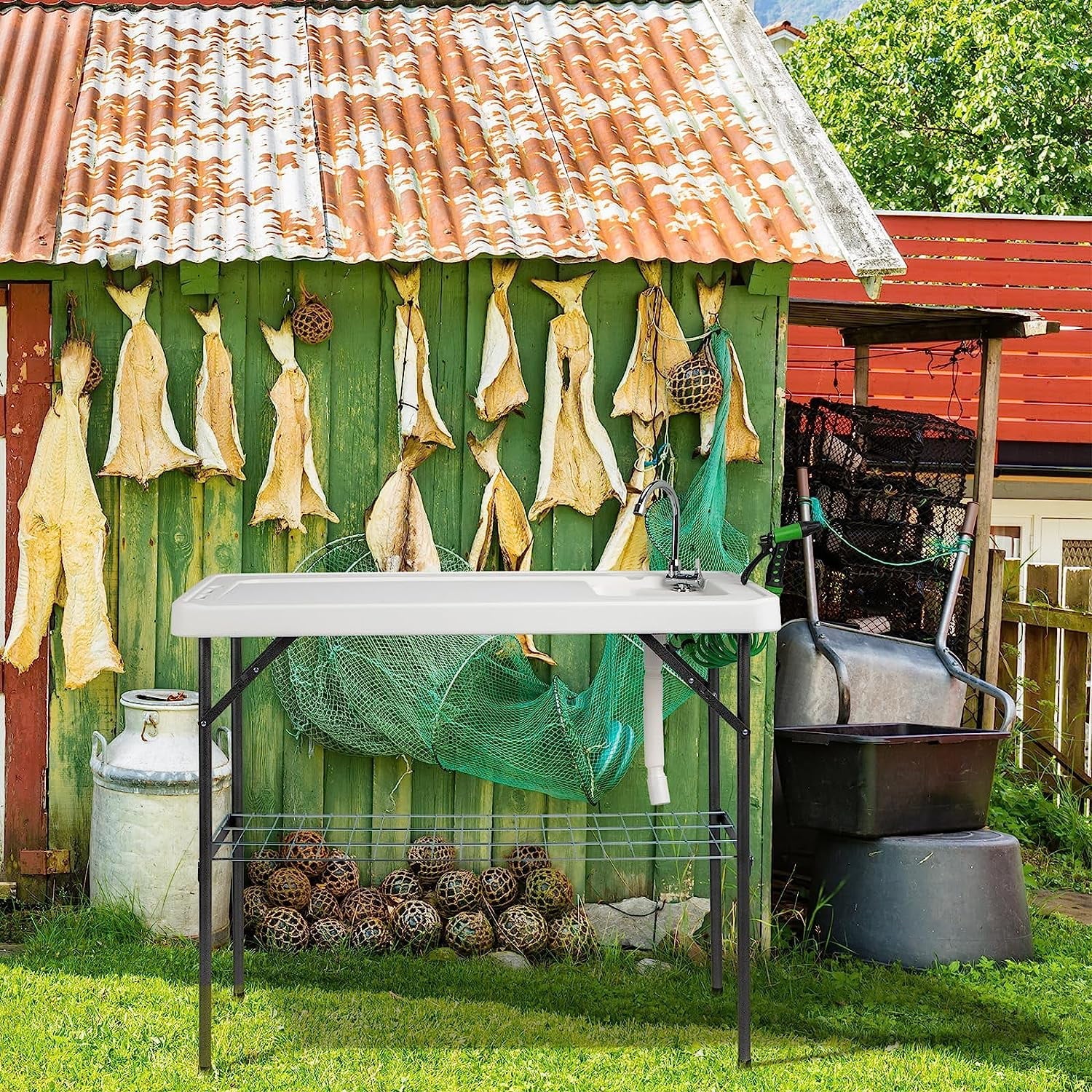 VINGLI Upgarded Folding Fish Cleaning Table with Sink, Portable Camping Sink Table with Grid Rack & Sprayer, Fish Fillet Cutting Table with Drainage Hose for Patio Backyard BBQ