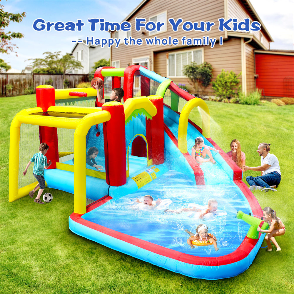 Inflatable Water Slide,7 in 1 Bounce House with Slide,Climbing Wall, Splash Pool, Basketball Rim,Outdoor Backyard Fun Toys for Kid,Blower Included