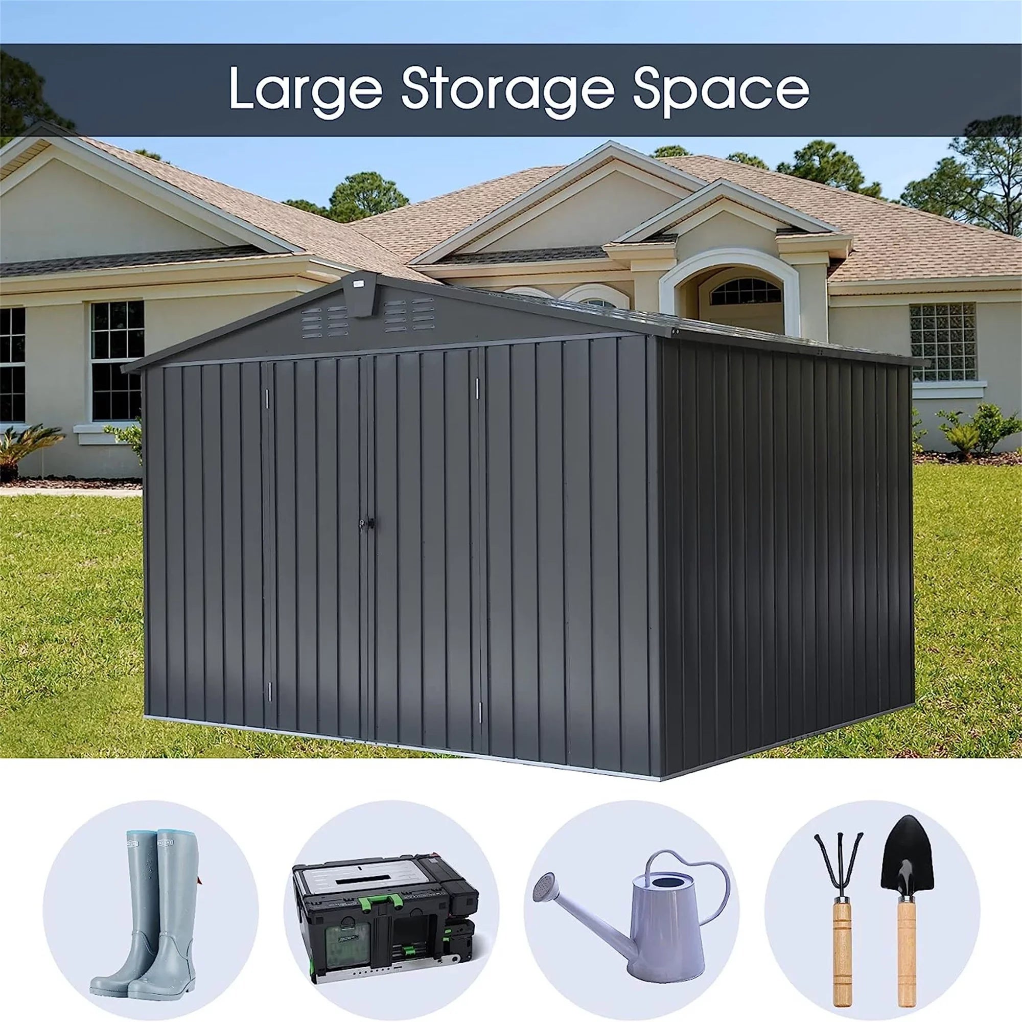 Homiyad Outdoor Storage Shed 10'X 8', Metal Garden Shed for Bike, Trash Can, Tools, Galvanized Steel Outdoor Storage Cabinet with Lockable Door for Backyard, Patio, Lawn (10X8ft, Jet