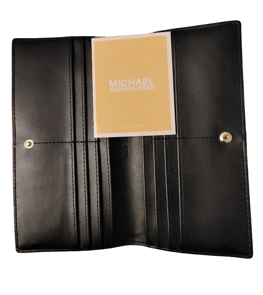 MICHAEL KORS JET SET REED LARGE FLAP BIFOLD SNAP WALLET Ebony AND WHITE