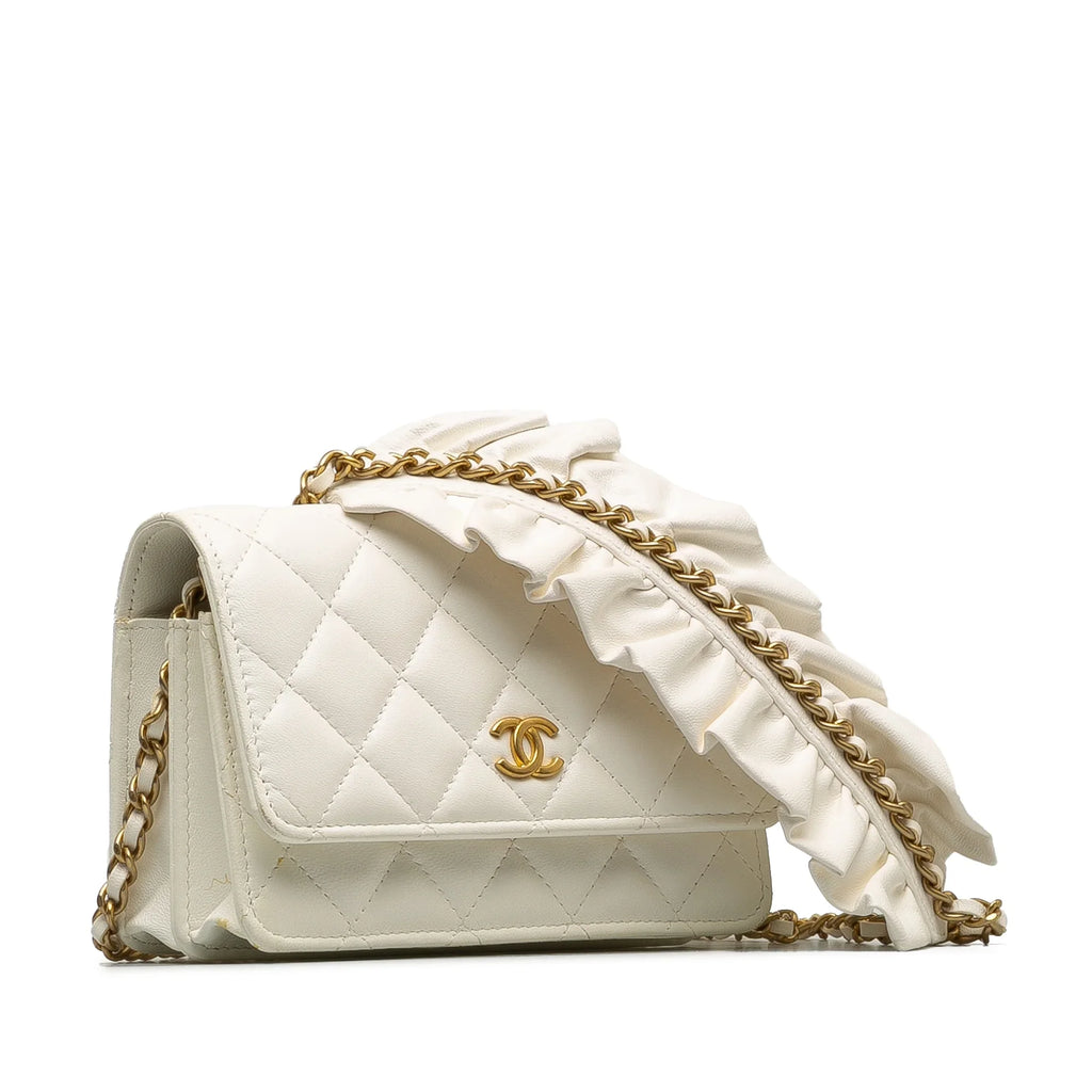 Pre-Owned Authenticated Chanel Romance Lambskin Wallet On Chain Leather White Crossbody Bag Unisex (Good)