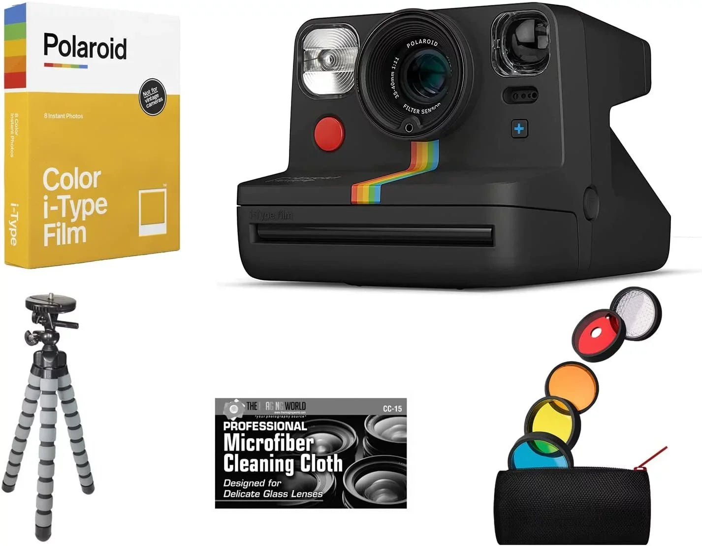 Bundle of Polaroid Now Plus Bluetooth Connected I-Type Instant Film Camera Jet + Table Tripod + Pack of Film + Microfiber Cloth