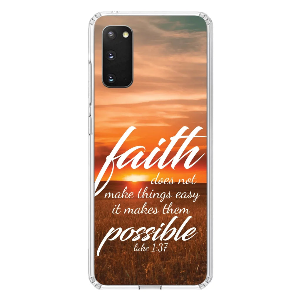 DistinctInk Clear Shockproof Hybrid Case for Galaxy S20 PLUS / 5G (6.7" Screen) - TPU Bumper, Acrylic Back, Tempered Glass Screen Protector - Luke 1:37 - Faith Does Not Make Easy Makes Possible