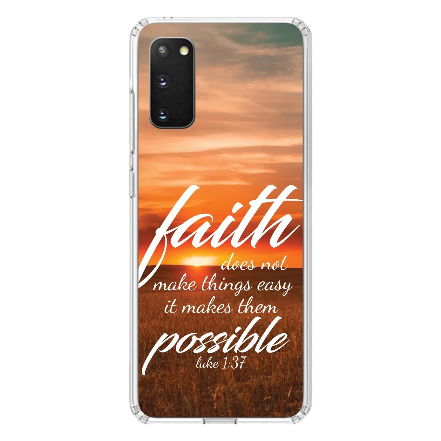 DistinctInk Clear Shockproof Hybrid Case for Galaxy S20 PLUS / 5G (6.7" Screen) - TPU Bumper, Acrylic Back, Tempered Glass Screen Protector - Luke 1:37 - Faith Does Not Make Easy Makes Possible