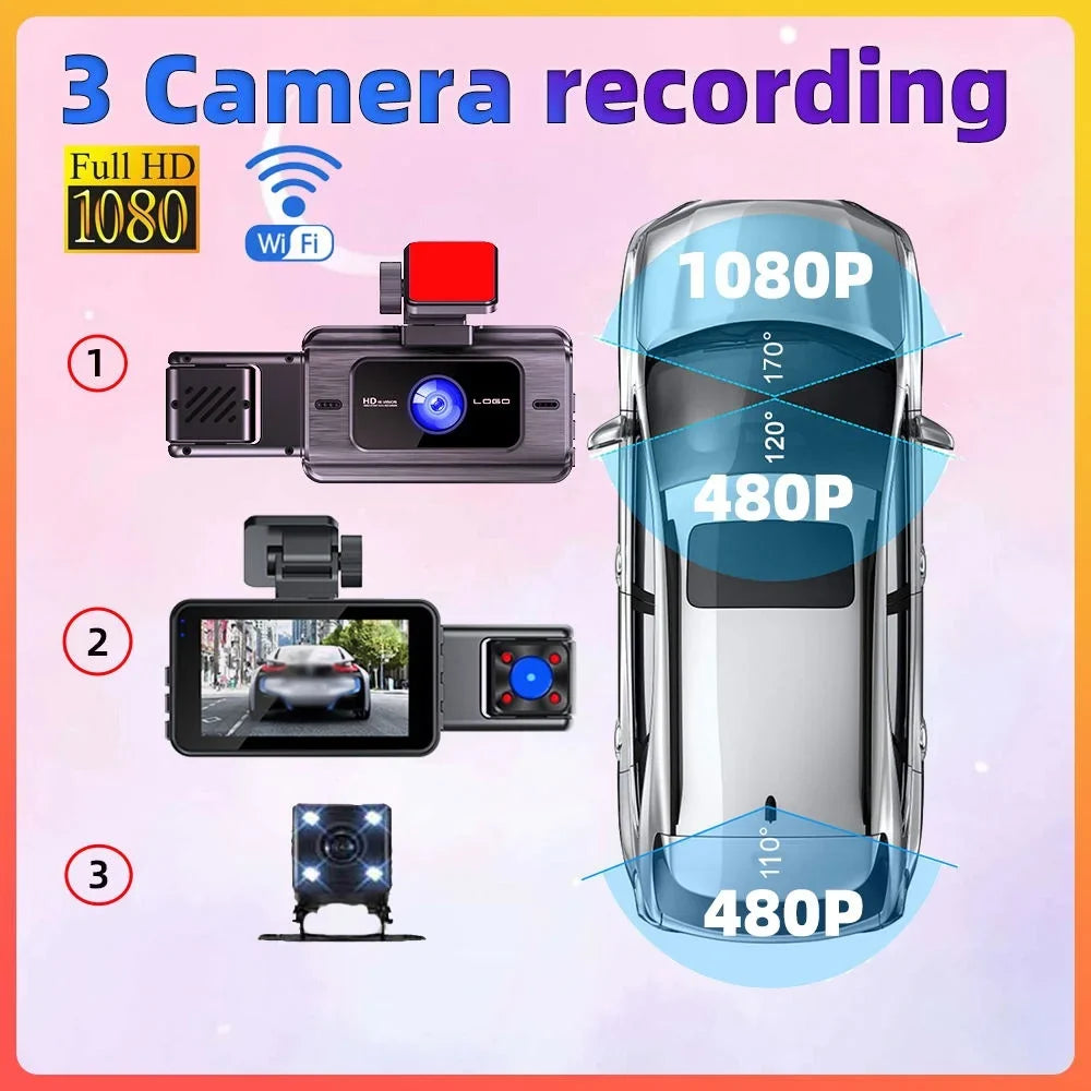3 Channel Dash Cam Front and Rear Inner 1080p 3 Inches 170° Wide Angle Dashcam, Dash Camera for Cars with 128GB Card, Super Night Vision, G-Sensor, Motion Detection