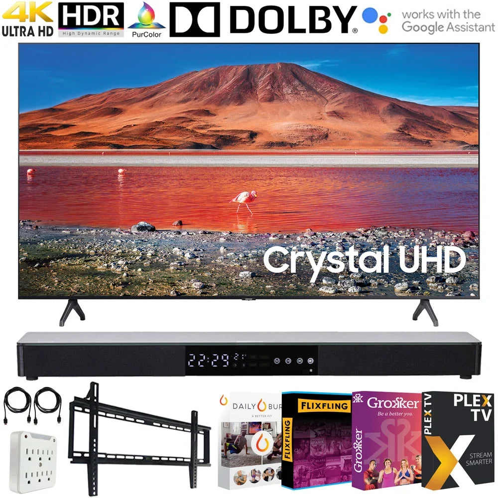 UN58TU7000 58-inch 4K Ultra HD Smart LED TV (2020 Model) Bundle with 31-in Sound bar+Wall Mount+Tech Smart USA TV Essentials 2020 & Surge Adapter (UN58TU7000FXZA 58TU7000 58" TV)