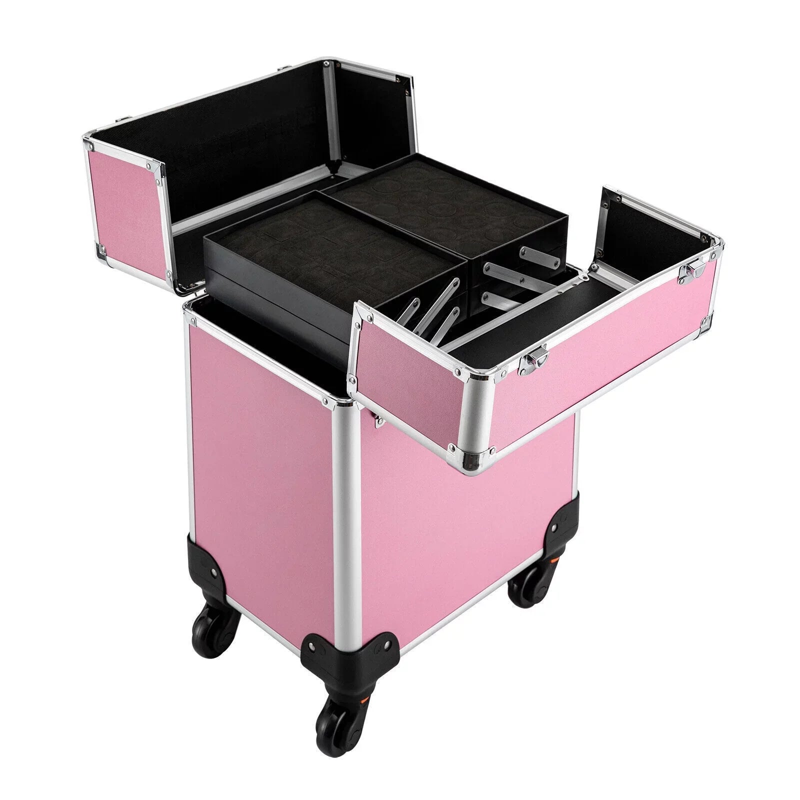Miumaeov Rolling Makeup Train Case Cosmetic Trolley Cosmetic Case Professional Large Storage Organizer Salon Barber Case Travel Adjustable Dividers for Beauty Personal Care