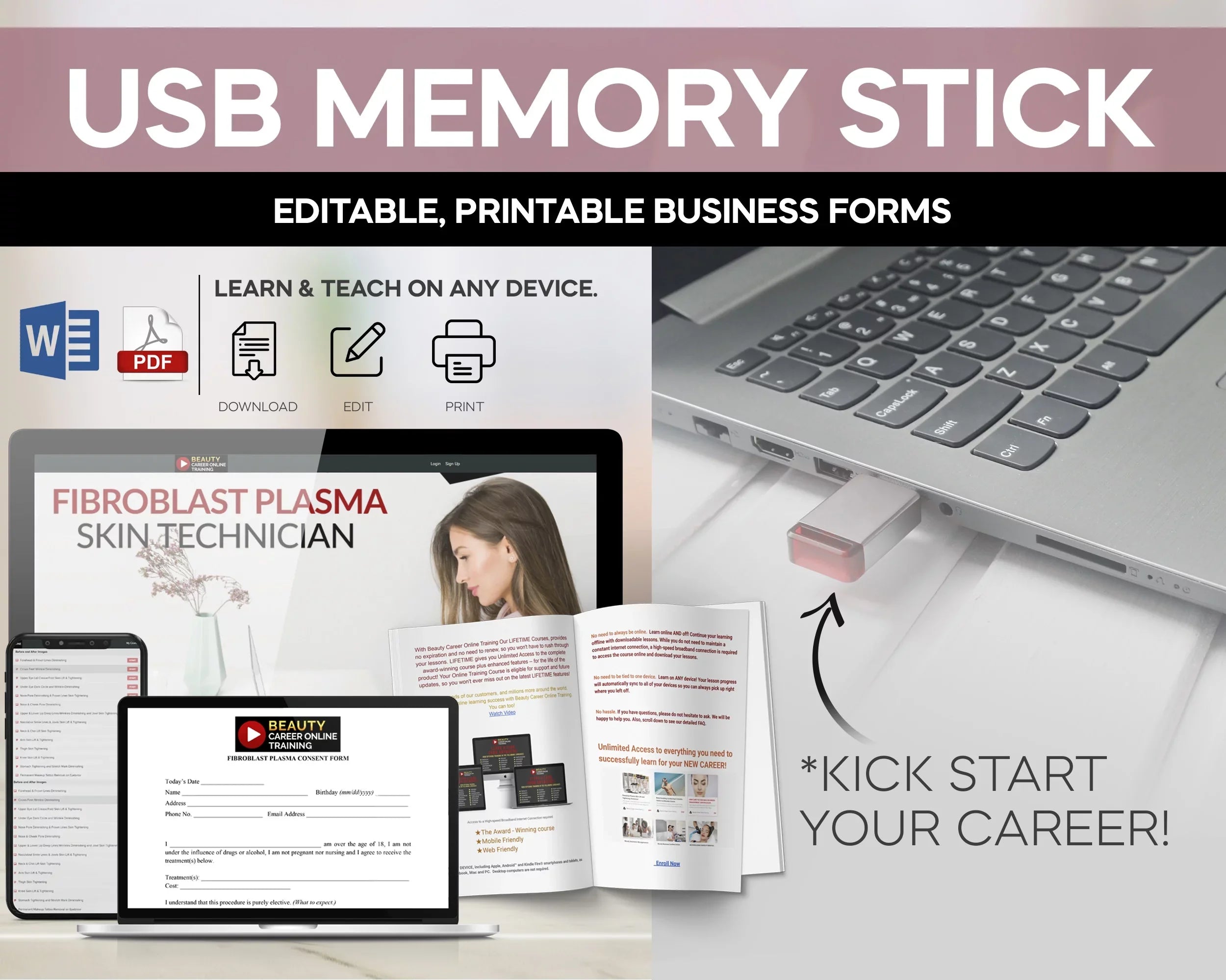 Beauty Career Academy: Small Pores, Large Pores, Face Pores, Fibroblast Training Manual, USB [Online Activation Code]