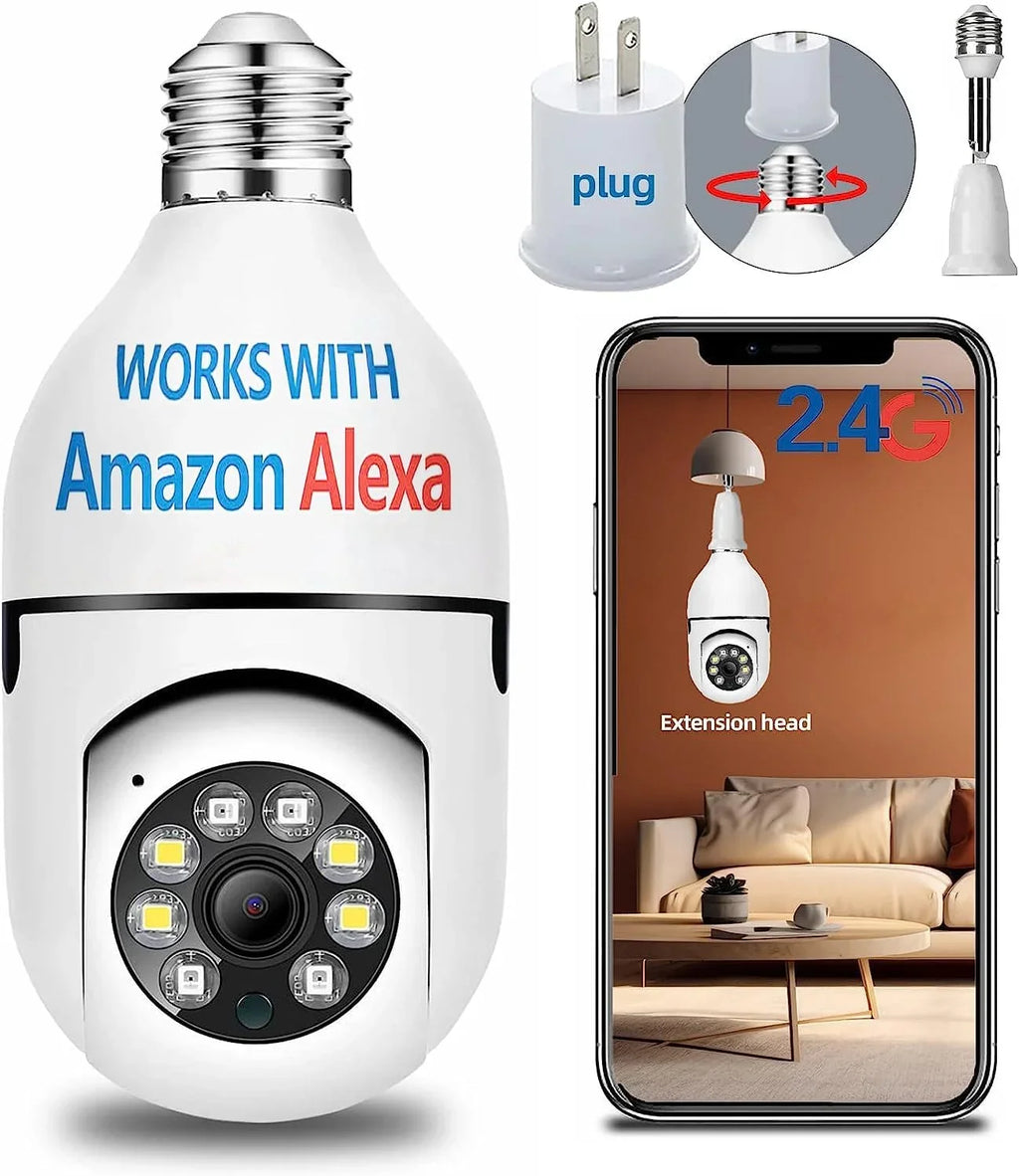 QAMY Optapower Light Bulb Security Camera,With Extension Link, Light Bulb Camera, 2.4g 360° PTZ Screw In Camera