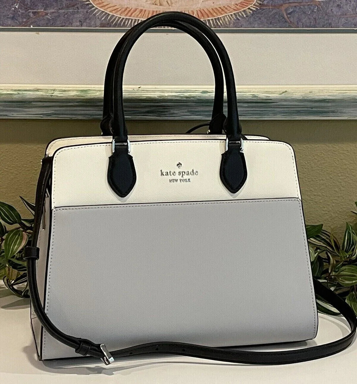 Kate Spade Madison Medium Platinum Grey Colorblock Leather Satchel Bag Purse KC621