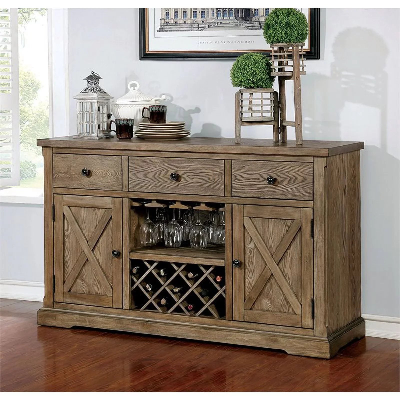 Furniture of America Kora Rustic Wood Multi-Storage Buffet in Light Oak