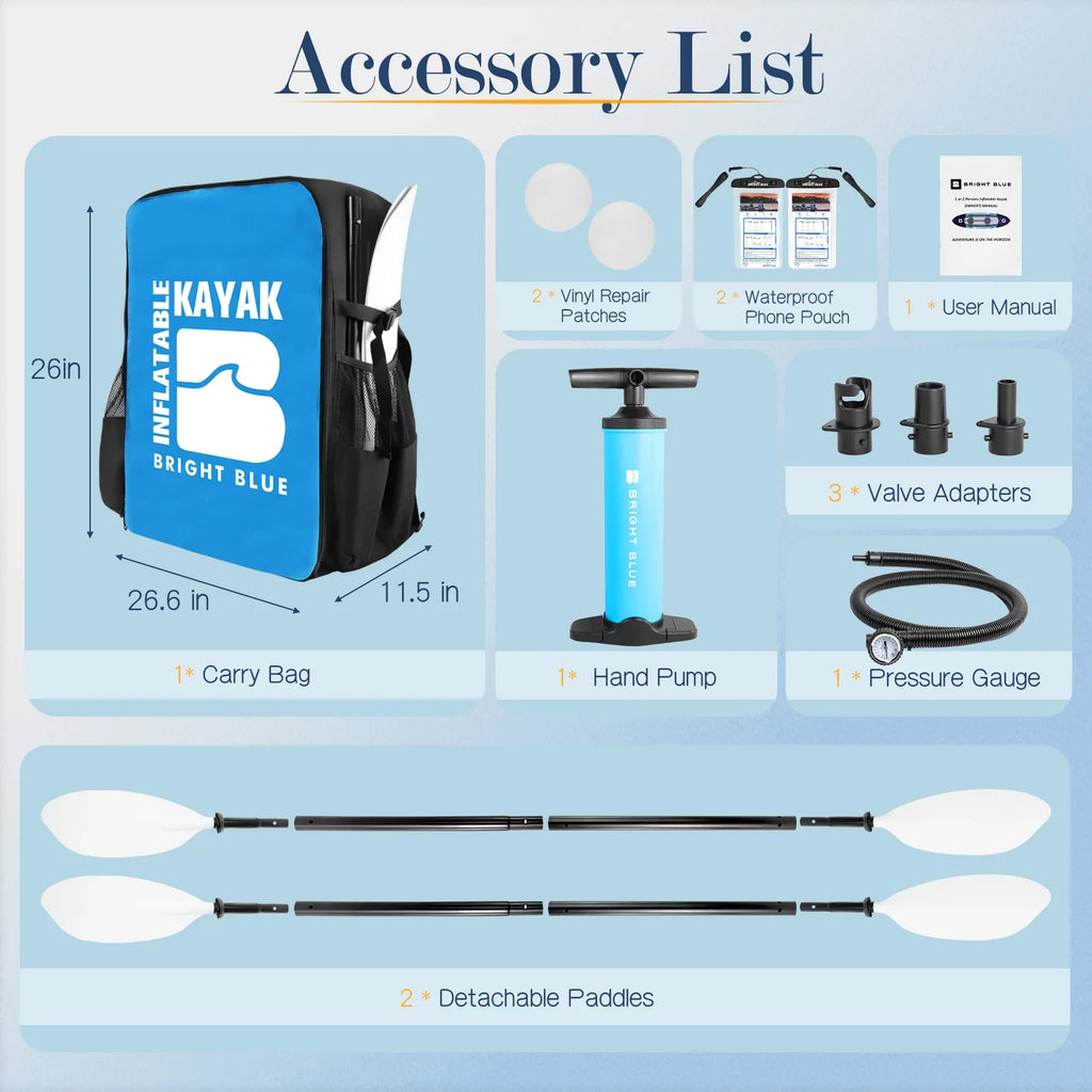BRIGHT BLUE Inflatable Touring White Water Paddling Kayak 1-2 Persons sit-on with Paddles,Hand Pump,Backpack,Fins