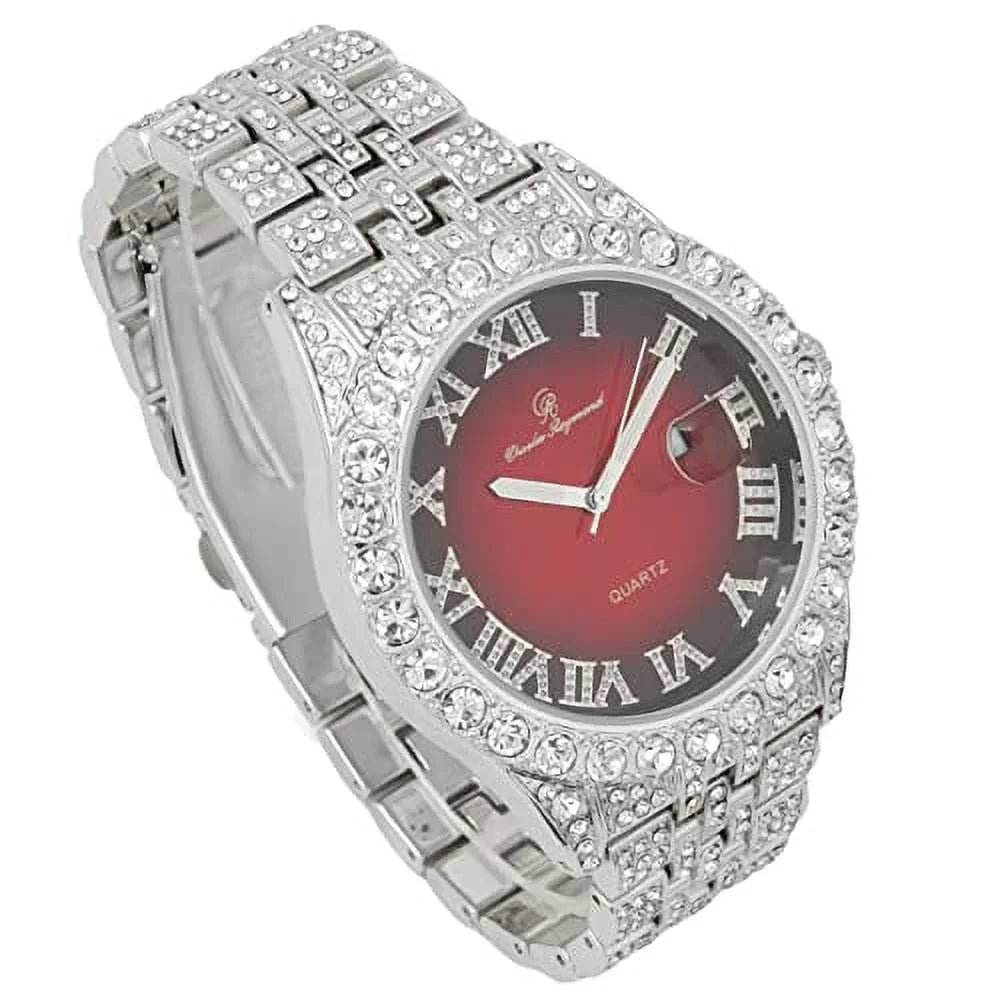Charles Raymond Big Rocks w/Roman Numerals Fully Iced Out Mens Watch w/Easy Read Date and Colorful Dials- Designer Hip Hop Blinged Out Timepiece - ST0226RND Cuban Silver RED