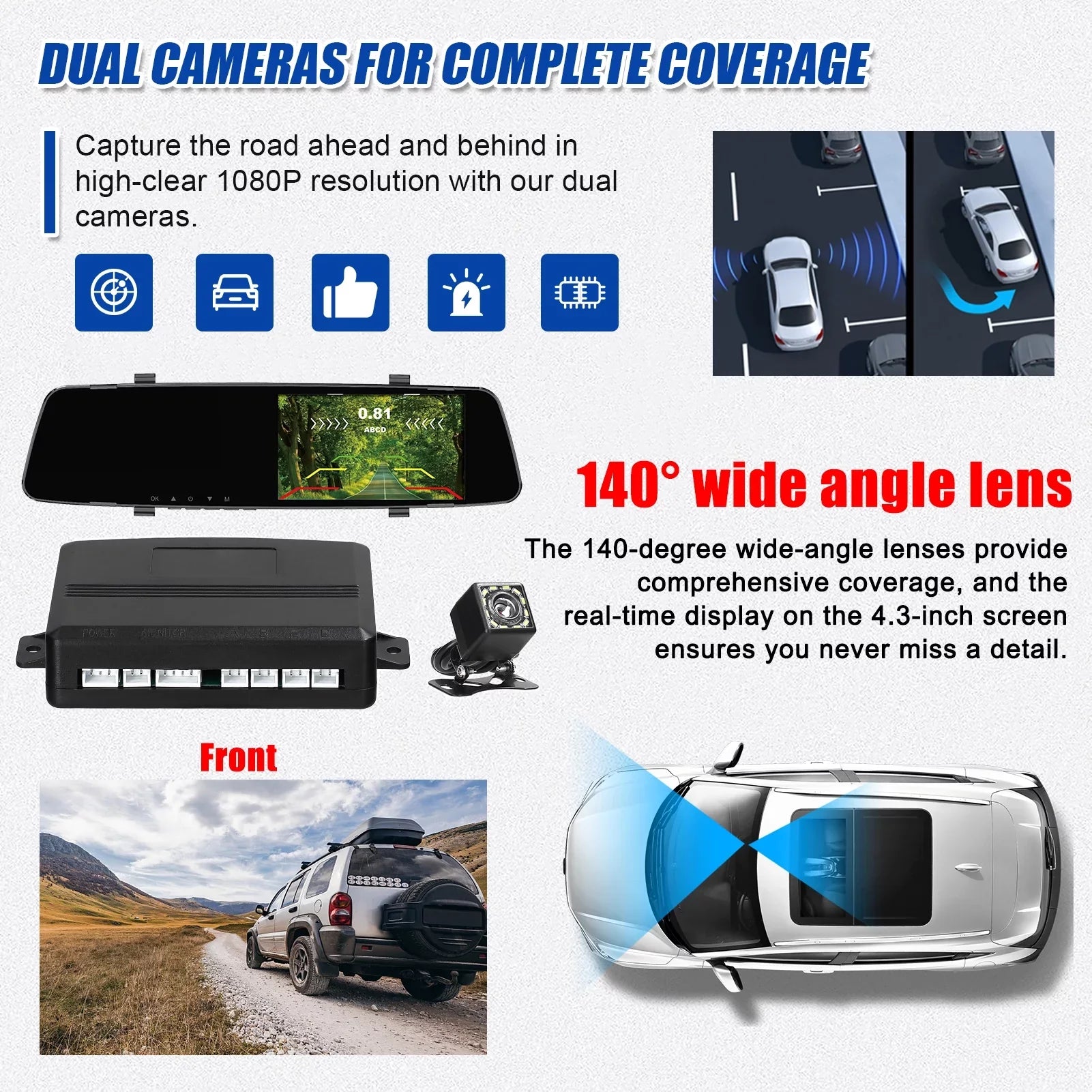 Dazzduo Dash Camera,Dash Camera Rear Dual Camera Dual Camera 4.3 Radars Rear Dual Inch Screen Support Reverse Radars Rear 4.3 Inch Screen 1080P DVR Dash Camera 4.3 Inch 4 Reverse Radars Rear 1080P 4