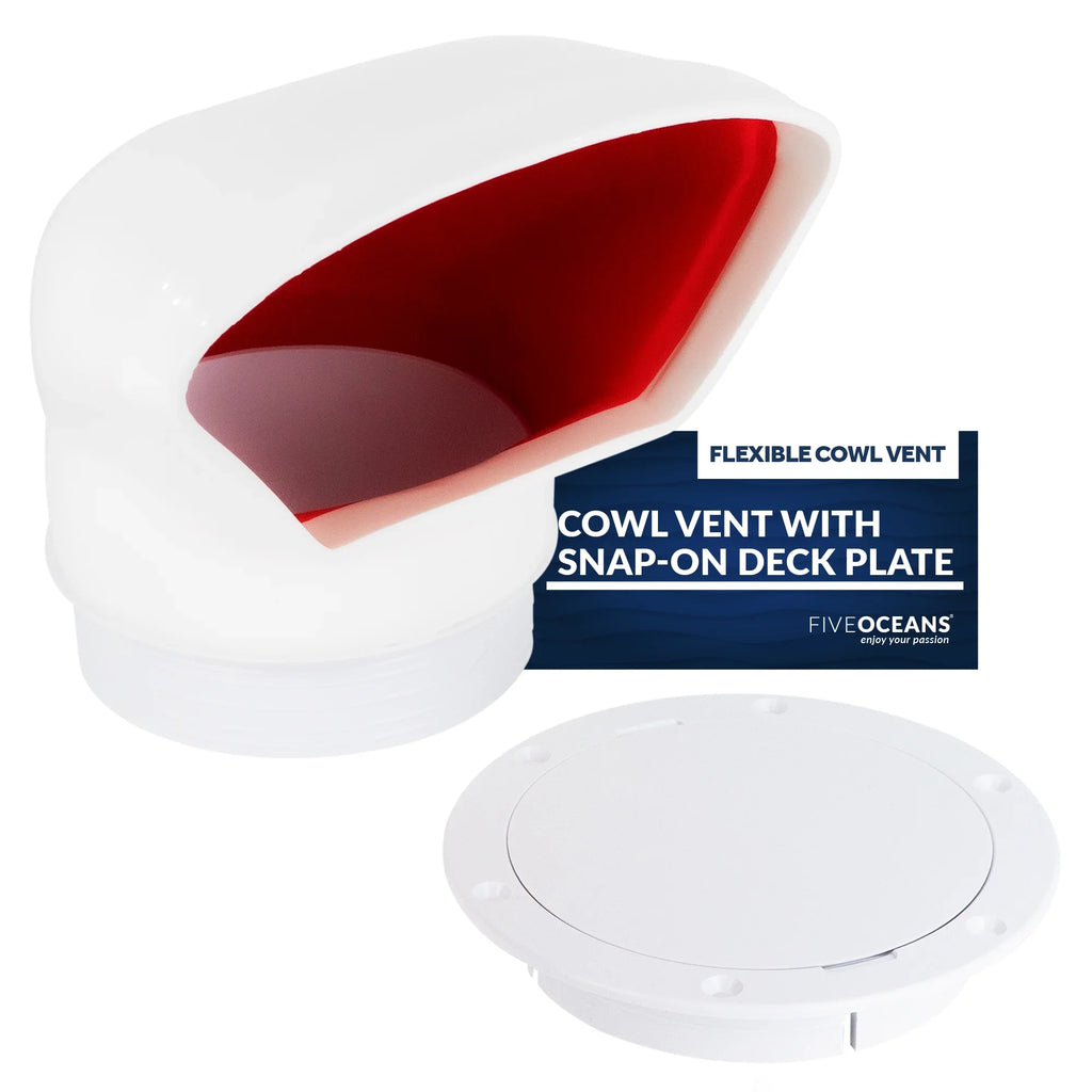 Five Oceans 3-Inch Cowl Vent with Snap-On Deck Plate and Cover, Low Profile UV-Resistant and Flexible Polyvinyl Chloride Red Interior, for Air Intake or Cabin Ventilation- FO88