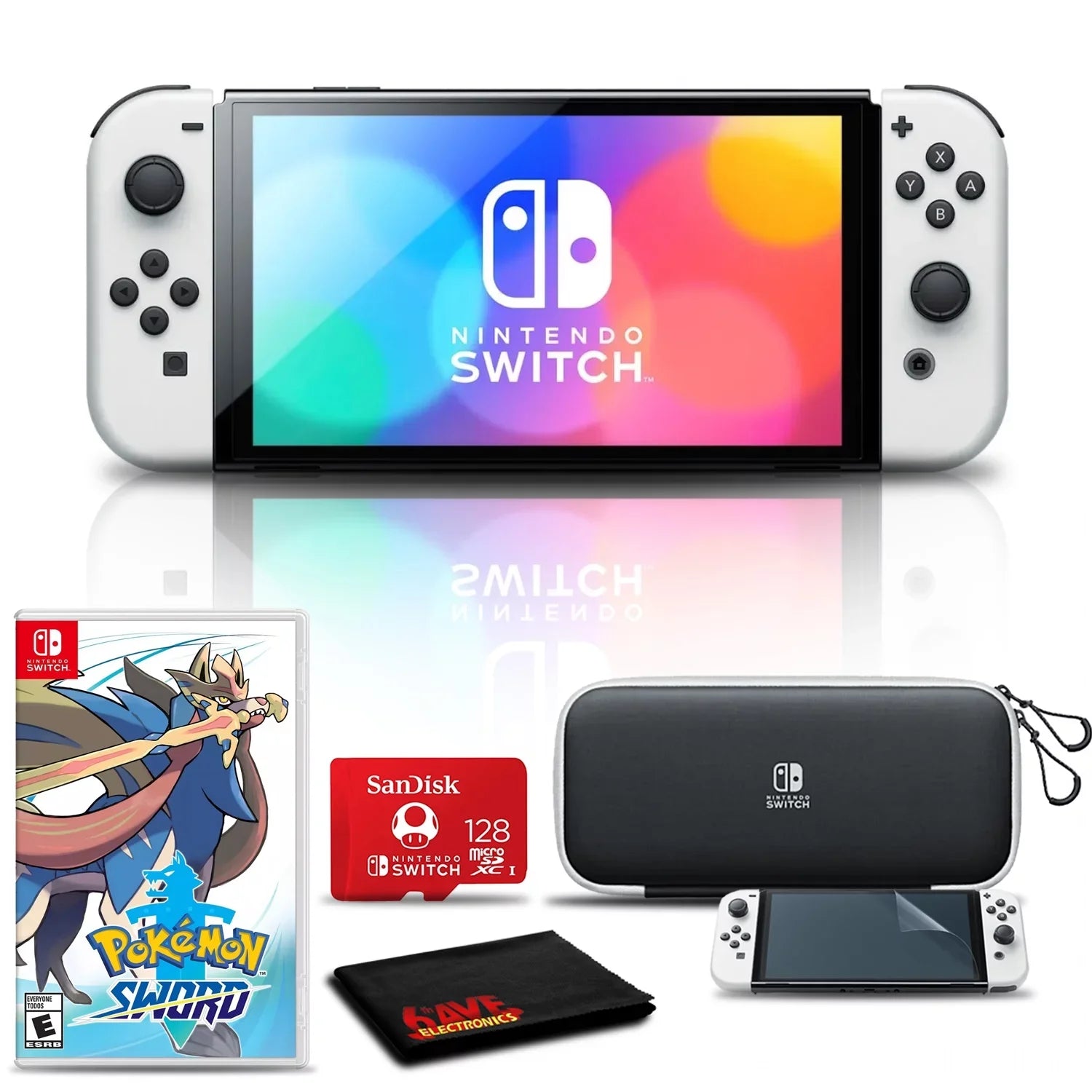 Nintendo Switch OLED White with Pokemon Sword, 128GB Card, and More