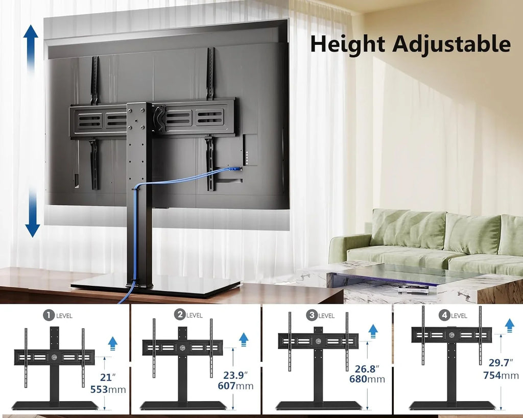 HBBOOMLIFE Universal TV Stand/Base Swivel Tabletop TV Stand with Mount for 50 to 85 inch Flat Screen TV 100 Degree Swivel 4 Level Height Adjustable Tempered Glass Base Holds up to 143 lb
