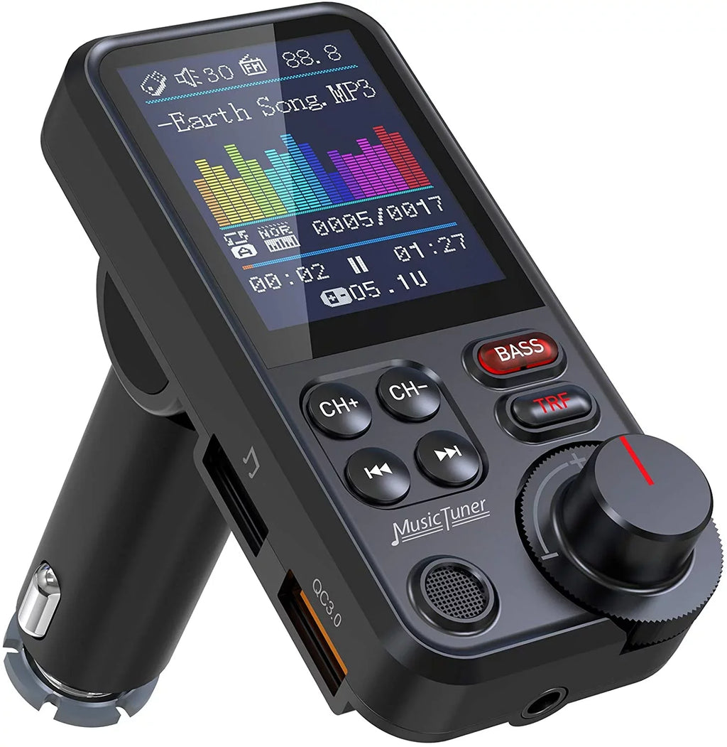 FM Bluetooth Transmitter for car, Strong Microphone Bluetooth Car Adapter with 1.8" Color Screen for Hands Free Calls, Supports QC3.0 Charging, Treble and Bass Sound Music Player- KM30