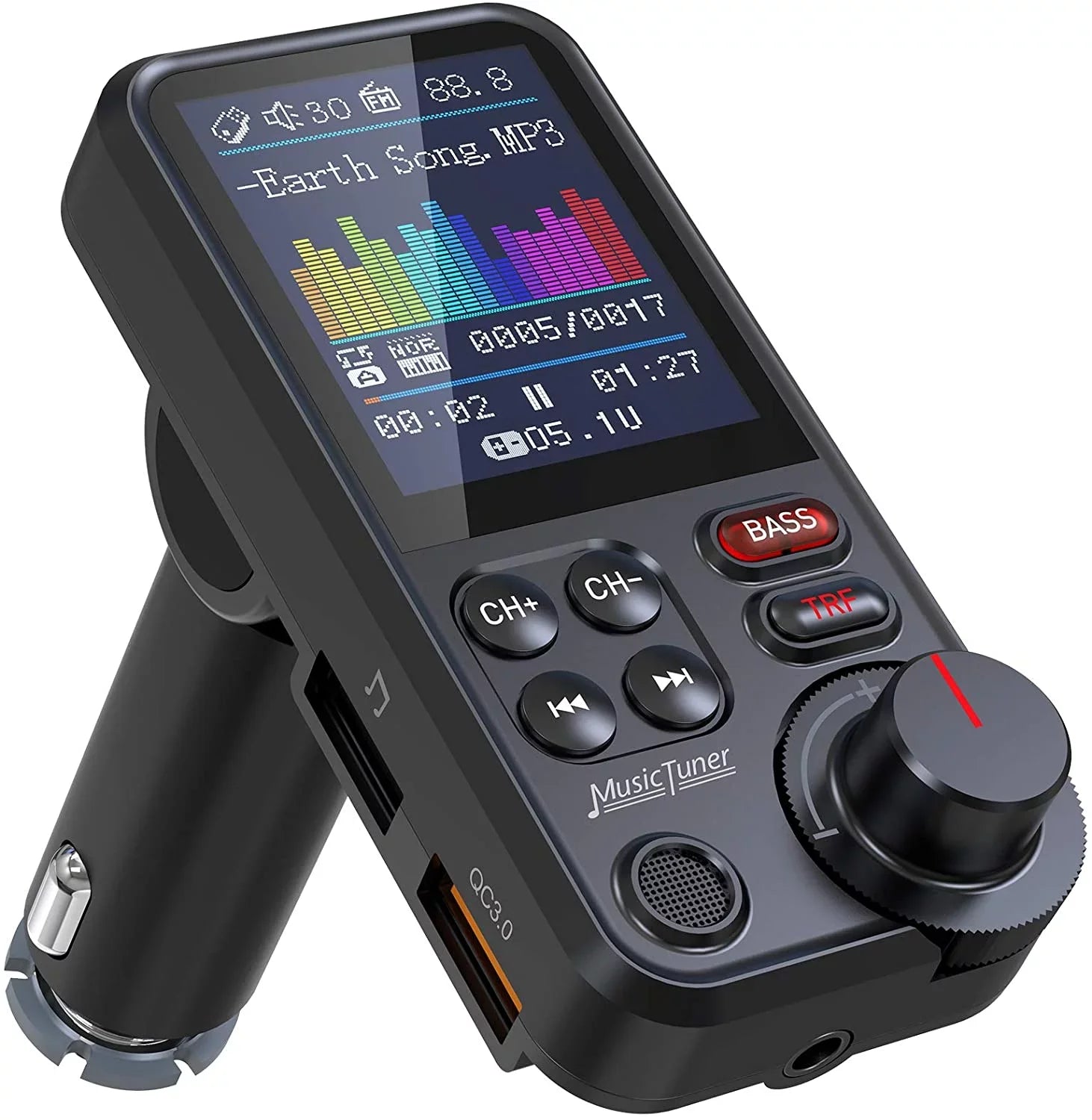 FM Bluetooth Transmitter for car, Strong Microphone Bluetooth Car Adapter with 1.8" Color Screen for Hands Free Calls, Supports QC3.0 Charging, Treble and Bass Sound Music Player- KM30