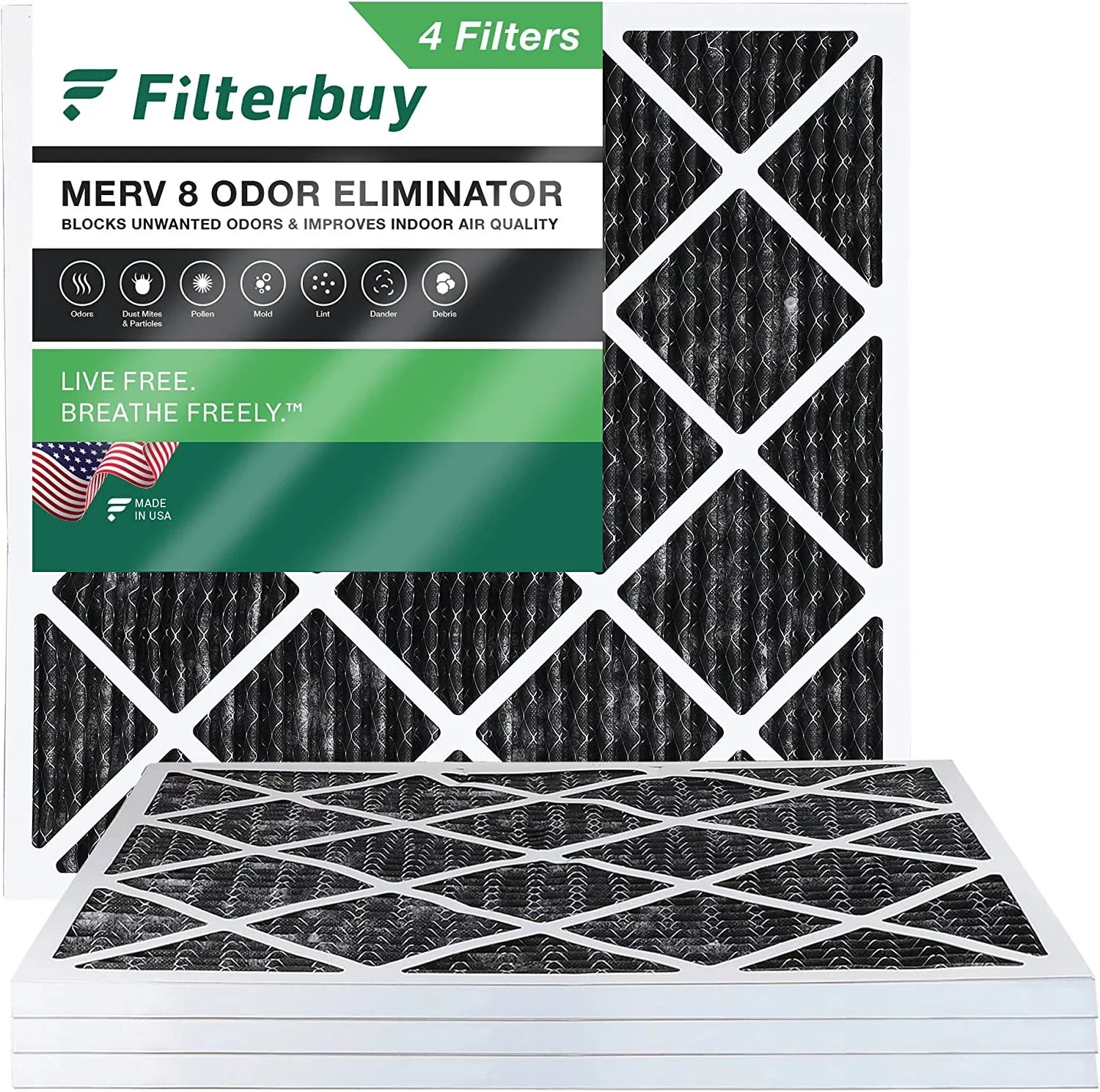 Filterbuy 12x12x1 MERV 8 Odor Eliminator Pleated HVAC AC Furnace Air Filters with Activated Carbon (4-Pack)