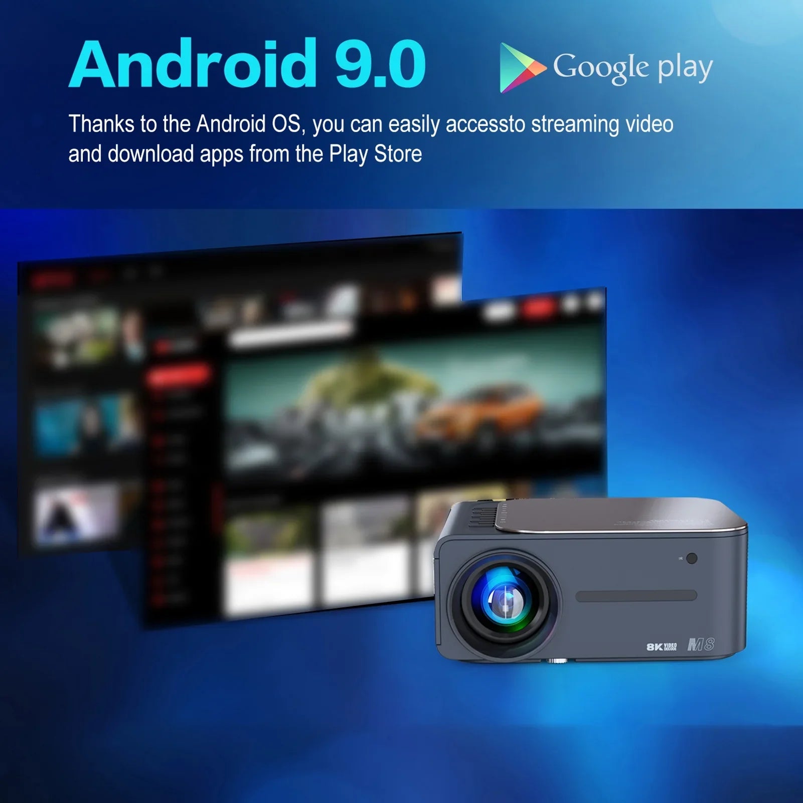 moobody Projector 8K HDR Ultra Clear 2.4G+5G WiFi BT5.0 Keystone Correction Android 9 80,inch Large Screen AI ligent Voice Control