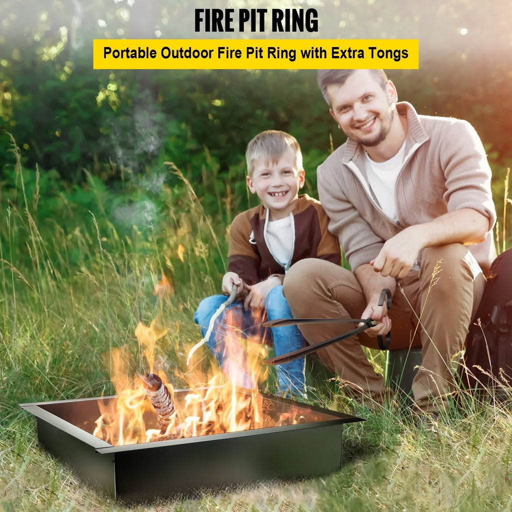 BENTISM Fire Pit Ring, 30" Square Fire Pit Insert, Heavy Duty Steel Fire Ring, DIY Bonfire Liner with Tongs Insert with Simple Installation for Outdoor, Patio, Backyard
