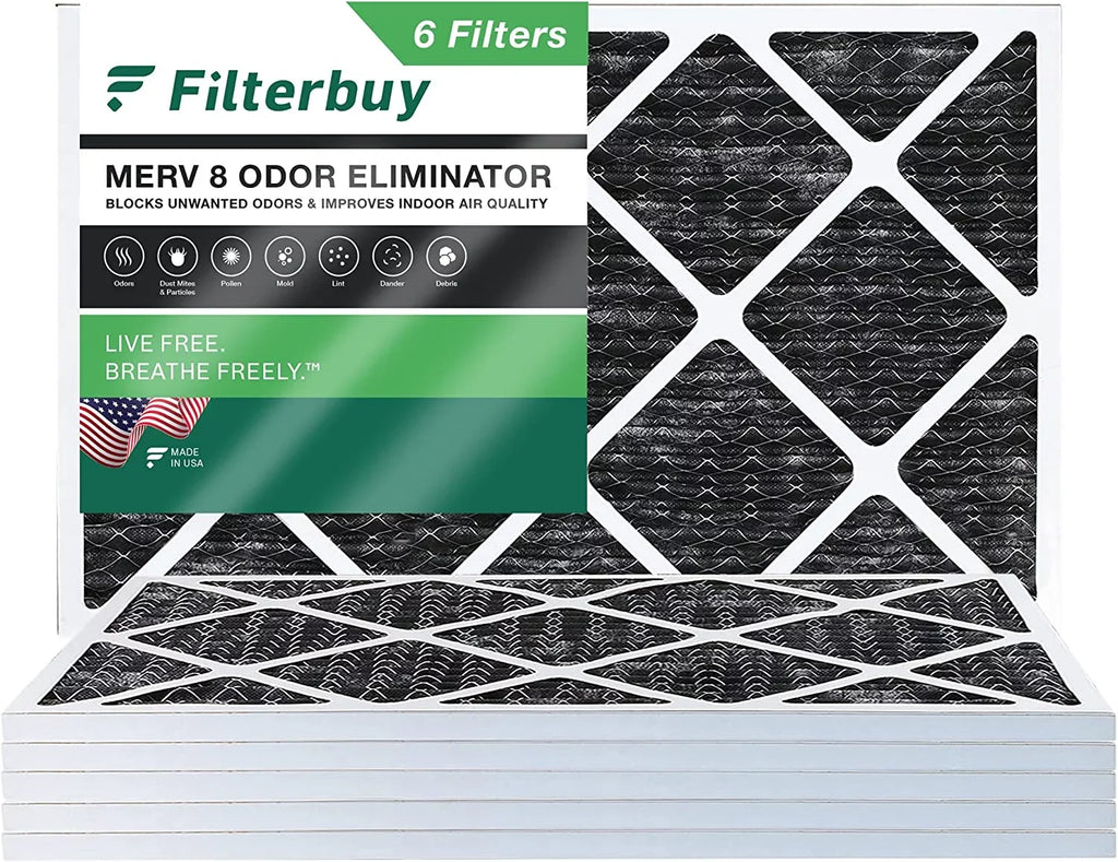Filterbuy 16x25x1 MERV 8 Odor Eliminator Pleated HVAC AC Furnace Air Filters with Activated Carbon (6-Pack)