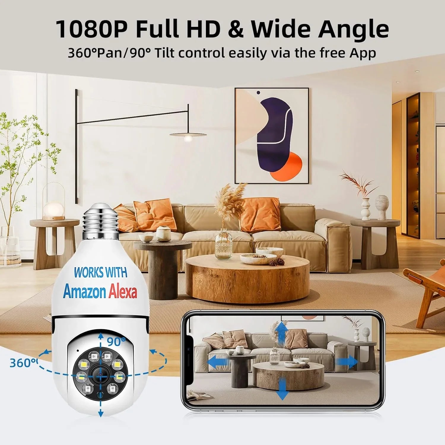 QAMY Optapower Light Bulb Security Camera,With Extension Link, Light Bulb Camera, 2.4g 360° PTZ Screw In Camera