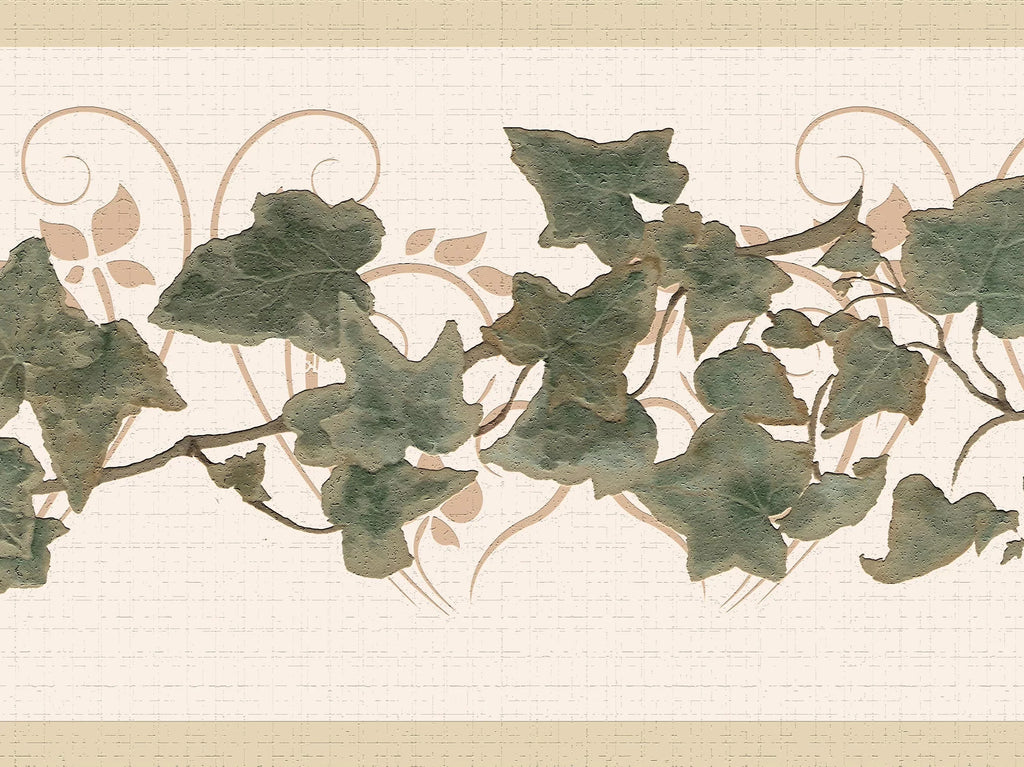 Dundee Deco's Peel and Stick Wallpaper Border - Abstract Green Beige Leaves on a Vine Wall Border Retro Design, 15 ft x 7 in, Self Adhesive