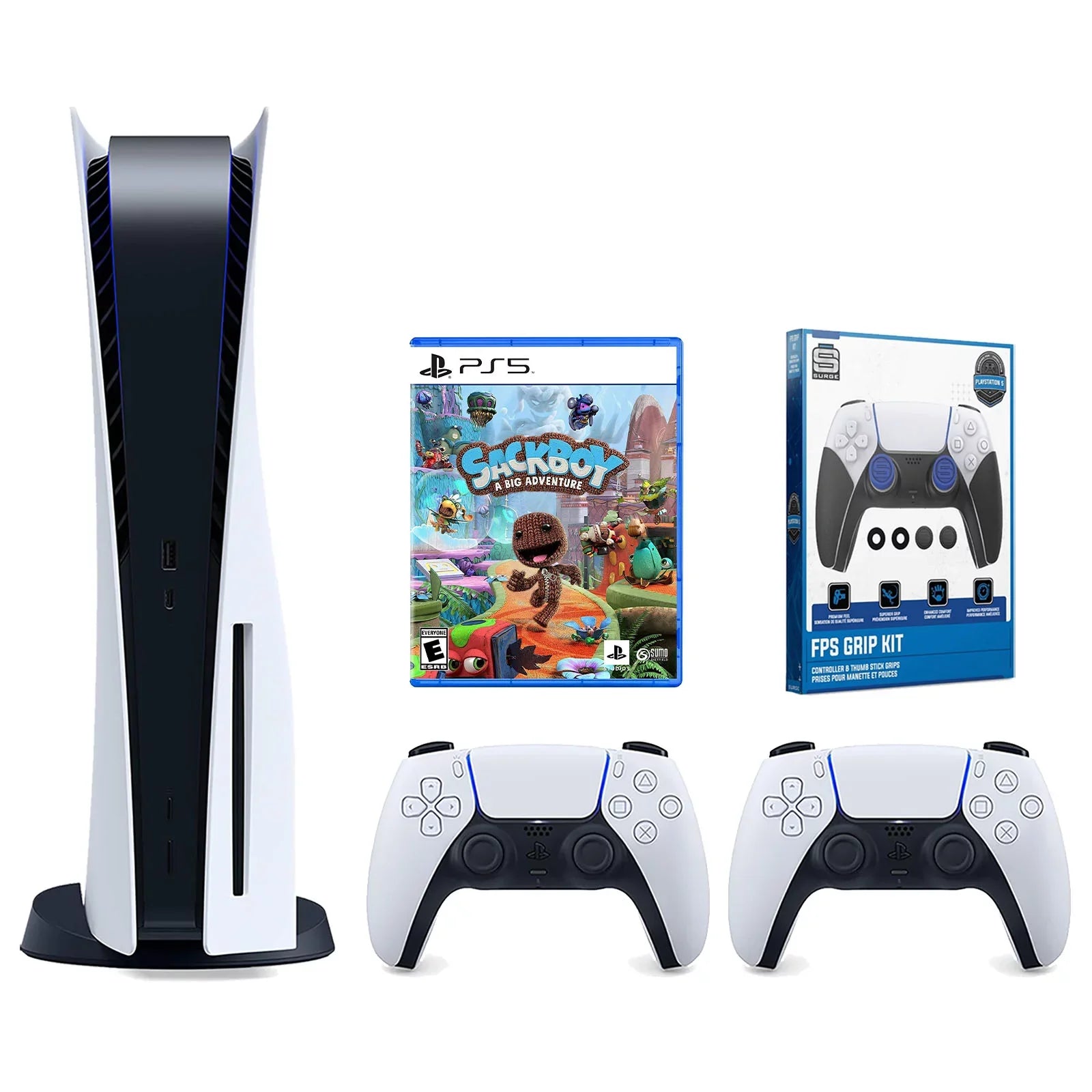 Playstation 5 Disc Version Console with Extra White Controller, Surge FPS Grip Kit With Precision Aiming Rings and Sackboy: A Big Adventure Bundle