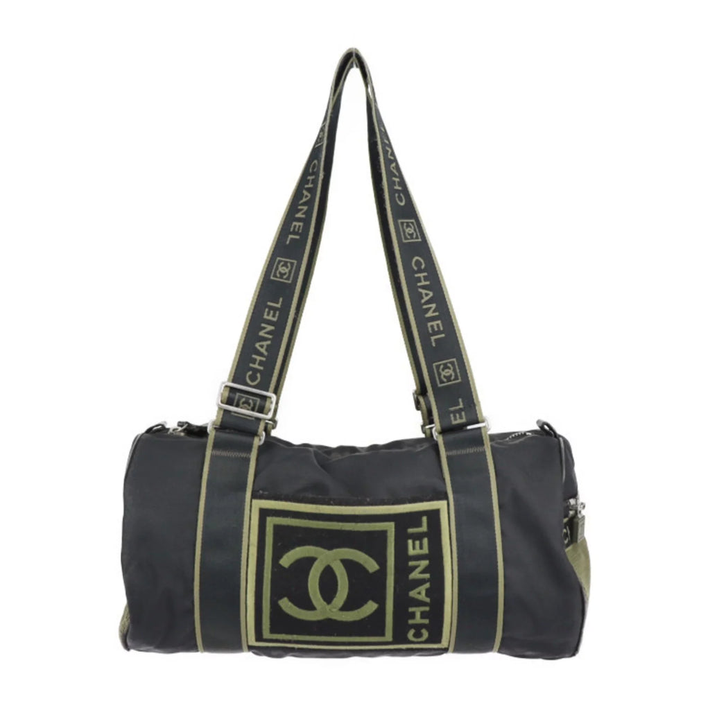 Pre-Owned CHANEL Chanel Sport Line Boston Bag Nylon Canvas Jet Khaki Green Shoulder Travel Cocomark 10 Series Round Cylindrical (Fair)