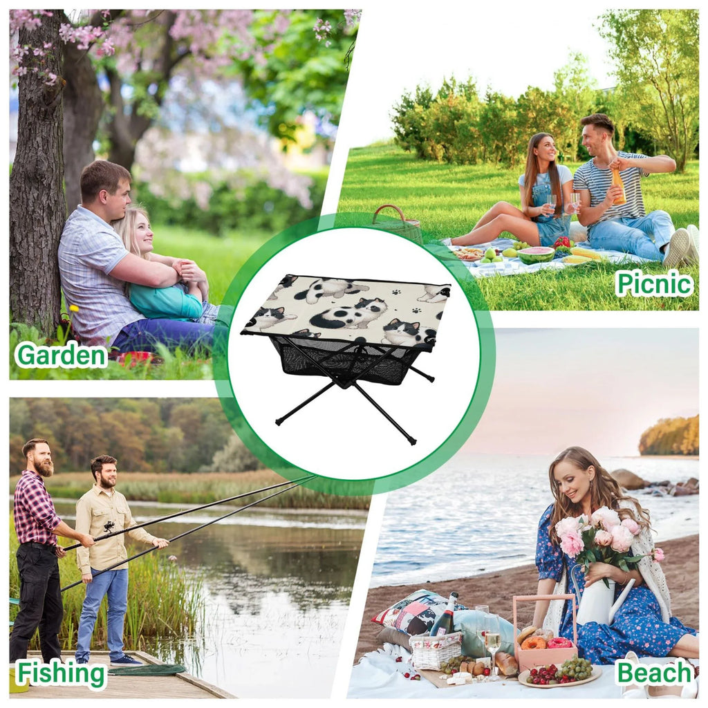 Cute Cat Footprint Camping Folding Table Portable Beach Table with Storage Bag Compact Picnic Table for Outdoor Travel Fishing BBQ