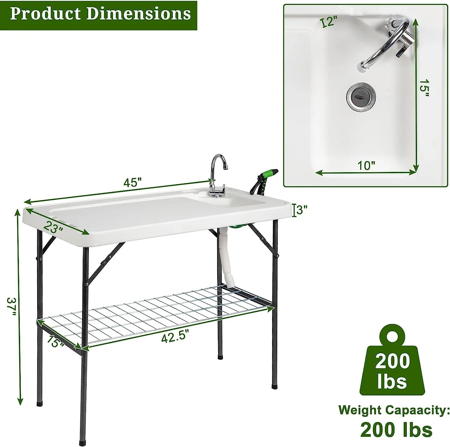 VINGLI Upgarded Folding Fish Cleaning Table with Sink, Portable Camping Sink Table with Grid Rack & Sprayer, Fish Fillet Cutting Table with Drainage Hose for Patio Backyard BBQ