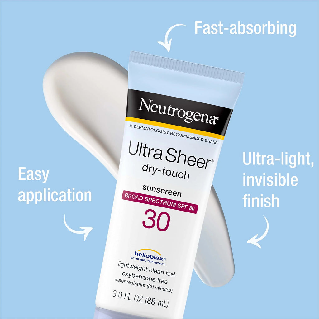 Neutrogena Ultra Sheer Dry-Touch Sunscreen Lotion, Broad Spectrum Spf 30 Uva/Uvb Protection, Oxybenzone-Free, Water Resistant, Non-Comedogenic, Non-Greasy, Travel Size, 3 Fl. Oz, Pack Of 3