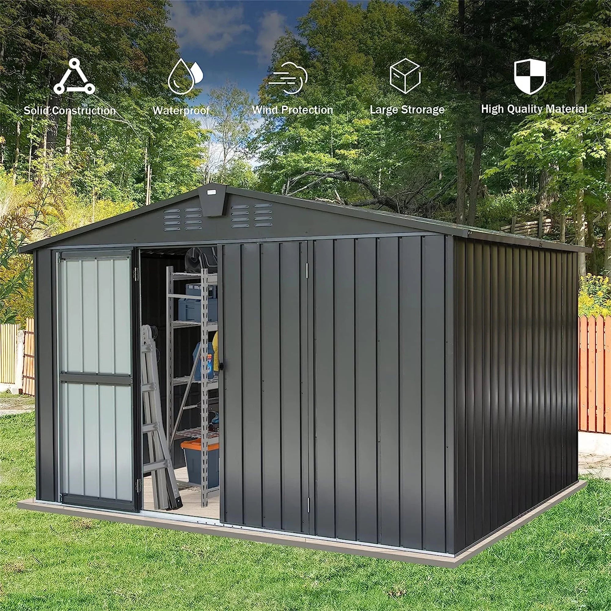 Homiyad Outdoor Storage Shed 10'X 8', Metal Garden Shed for Bike, Trash Can, Tools, Galvanized Steel Outdoor Storage Cabinet with Lockable Door for Backyard, Patio, Lawn (10X8ft, Jet