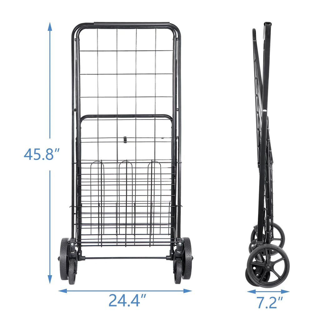 ZENY Folding Utility Shopping Cart with Double Basket and Wheels for Grocery Laundry Book Luggage Travel, Jet