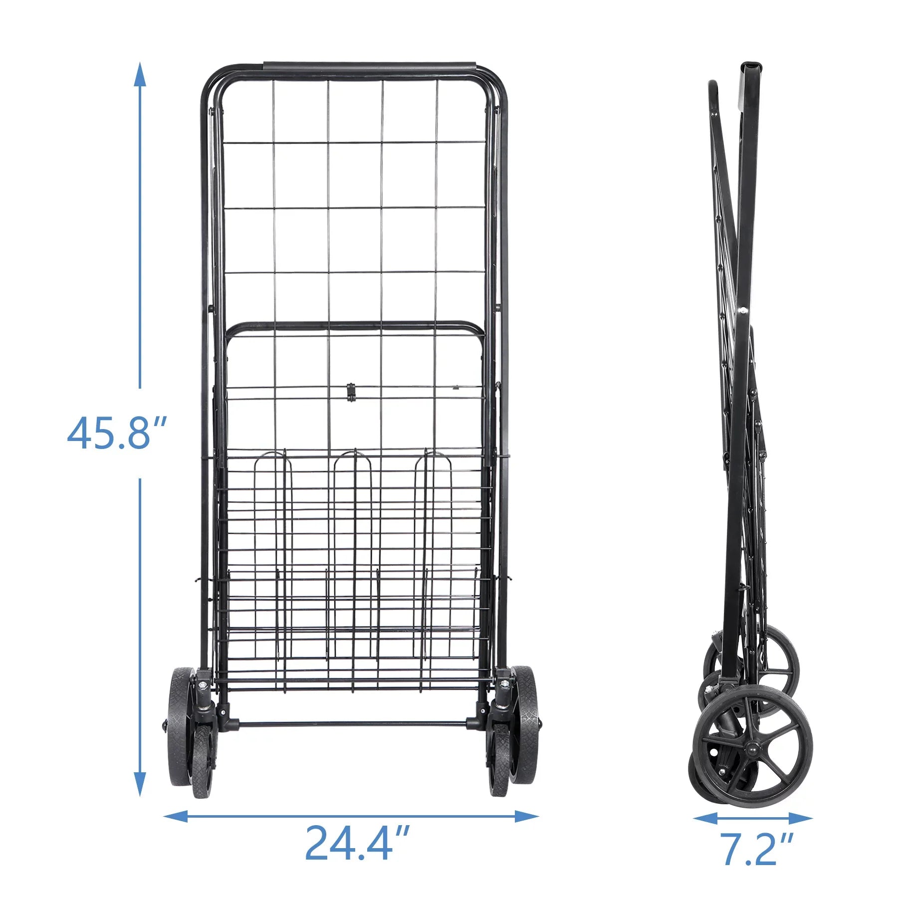 ZENY Folding Utility Shopping Cart with Double Basket and Wheels for Grocery Laundry Book Luggage Travel, Jet