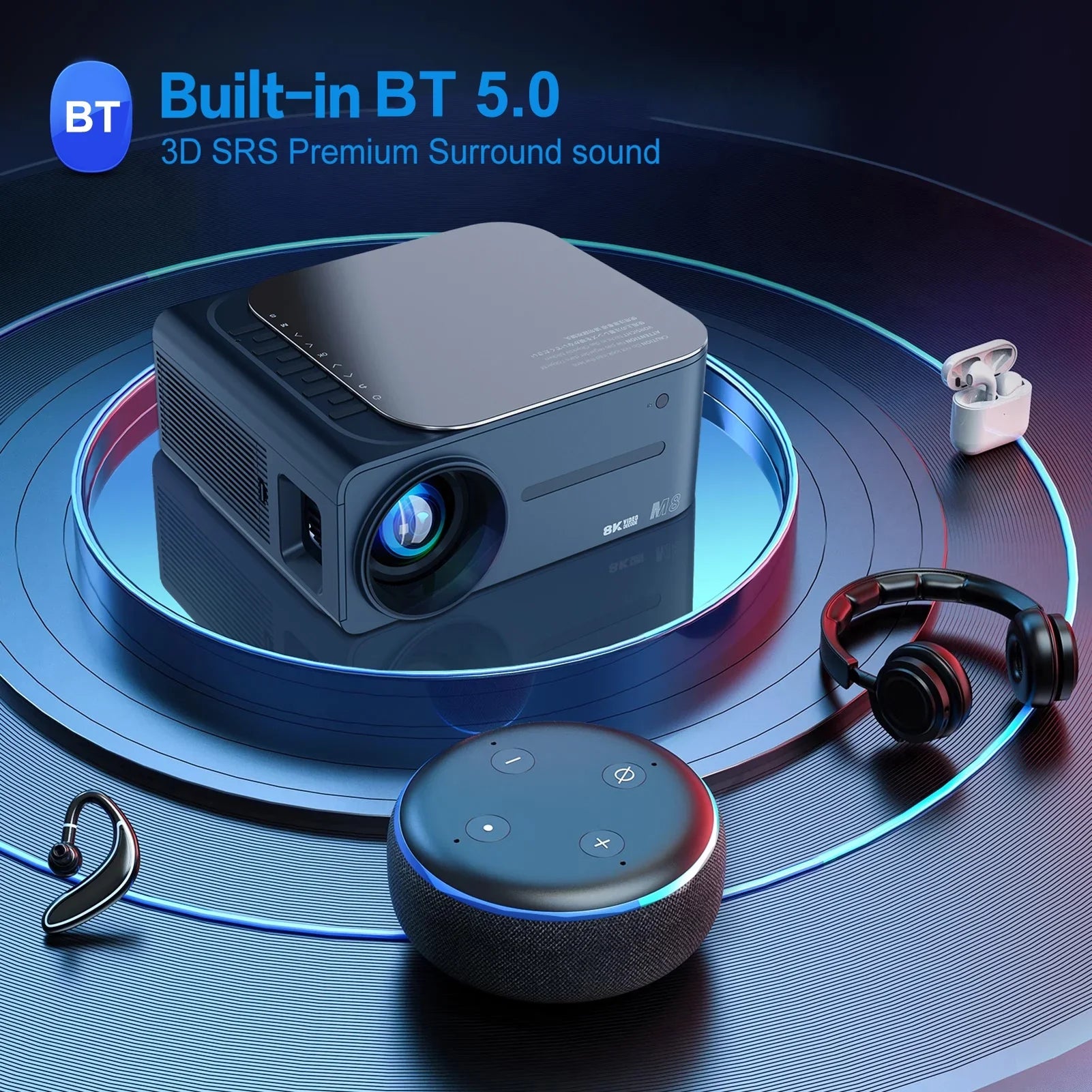moobody Projector 8K HDR Ultra Clear 2.4G+5G WiFi BT5.0 Keystone Correction Android 9 80,inch Large Screen AI ligent Voice Control