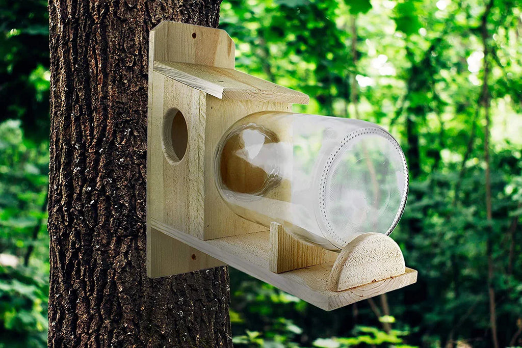 Uncle Dunkels Backyard Squirrel Feeder (w/ Gallon Glass Jar); Rustic Handmade Squirrel Food Box