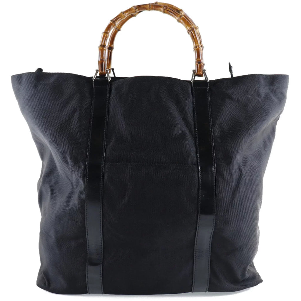 Pre-Owned GUCCI Gucci Bamboo Bag 002-2058-0412-5 Nylon Canvas x Leather Ebony Unisex Tote (Fair)