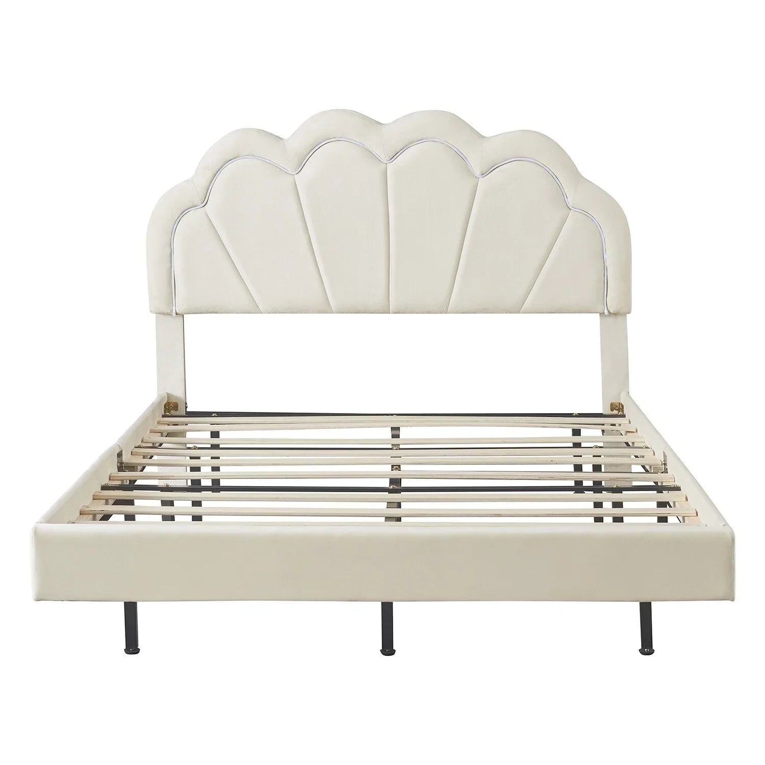 Full Size Smart LED Platform Bed with Wooden Slats Support Beige