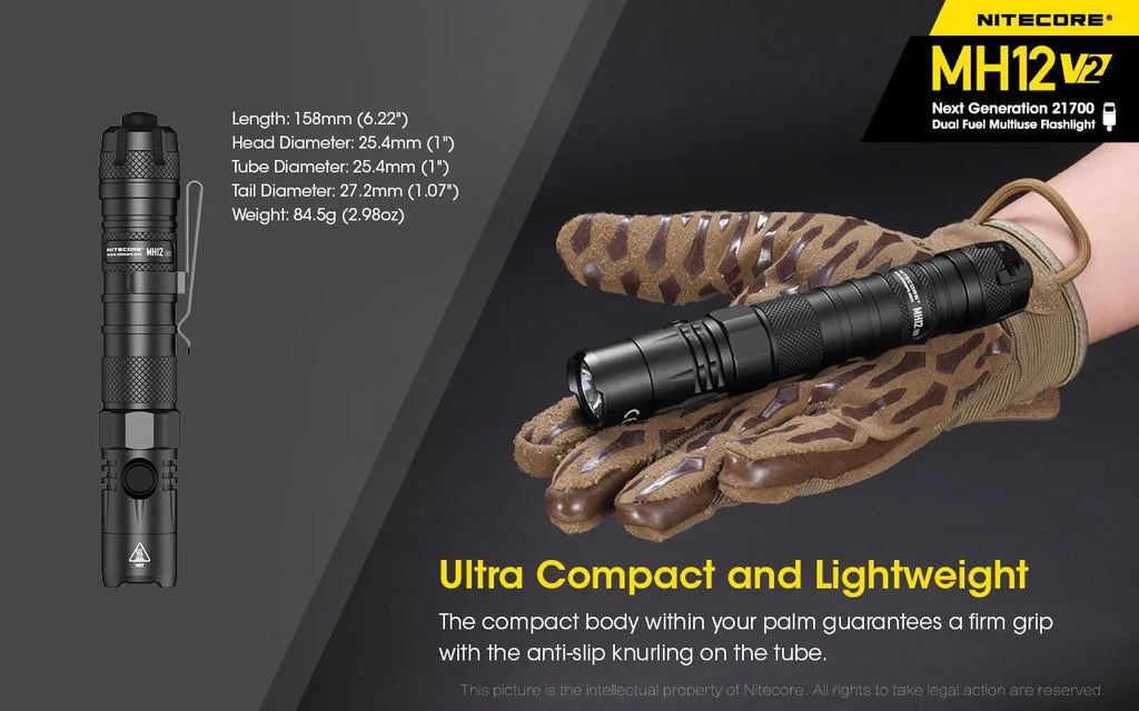 Combo: Nitecore MH12 V2 CREE XP-L2 V6 LED Flashlight -1200 Lumens -21700 Battery (Included) + NL2150i 21700 5000mAh Battery