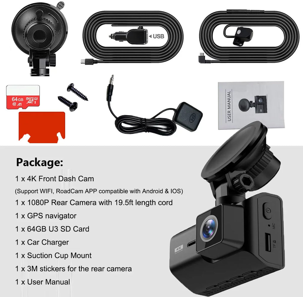 4K Front and Rear Dash Cam for Cars, Dual Dash Cam with SD Card, 2 Inch Dash Camera with GPS WIFI, Night Vision, Loop Recording, Parking Mode, Wide Angle, 64GB SD Card Included