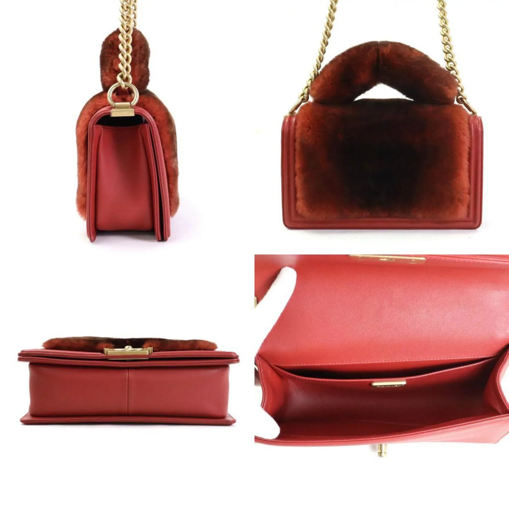 Pre-Owned Chanel CHANEL handbag diagonal shoulder bag boy fur/leather brown red gold ladies e55871a (Good)
