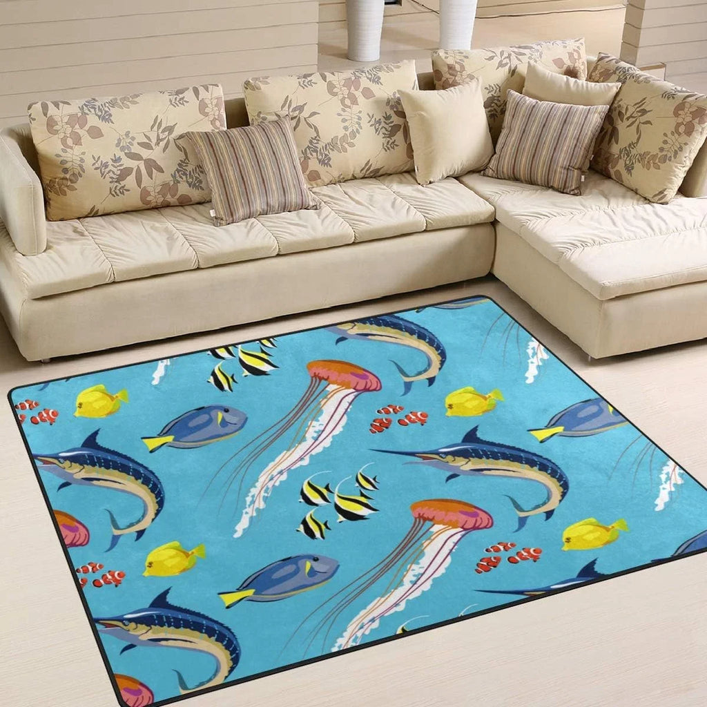 Bestwell Mass Soft Area Rugs Sea Fish Jellyfish Marlin Floor Mat for Kids Playing Room Hardwood Floor Living Room 80 x 58 inch（6'8" x 4'10"） Nursery Rugs Home Decor Gift
